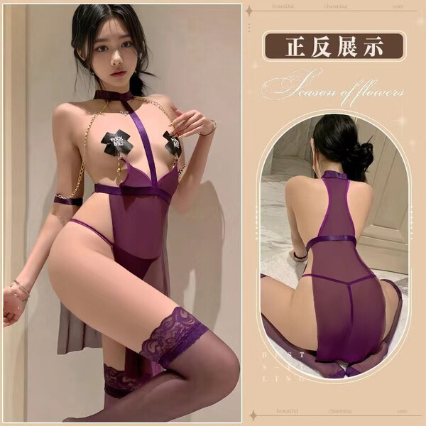 Seductive Lace Sheer Chemise - Strapless Hook-Neck Erotic Lingerie with Back Cutouts & SM-Inspired Design - Purple