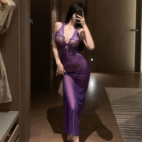 Purple Lace Deep V Sheer Mesh Sleep Dress with Bow-Tie Straps - Sexy Long Nightgown Set for Women - Purple
