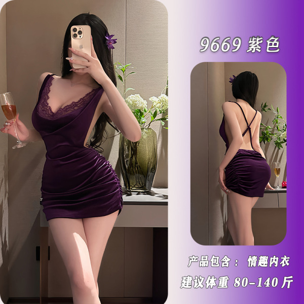 Night Silk Sensual Lace Bodycon Dress - Sexy Uniform Sleepwear for Role Play & Bedroom Elegance - Purple