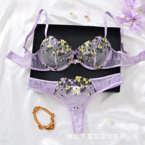 Sexy Lace Floral Embroidery Lingerie Set - Sheer Pure Temptation Bra & Panty Set for Women - Light purple