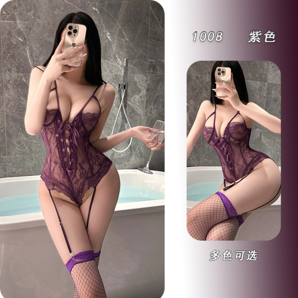 YeYu Plus Size Lace Lingerie Set with Underwire & Padded Cups - Sexy Uniform-Inspired Women's Intimate Apparel - Purple + Fishnet Stockings