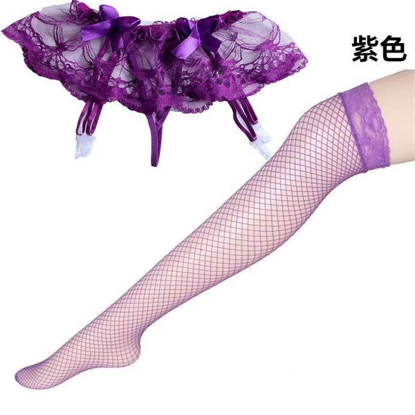 Sweet Lace Garter Belt Set with Sheer Mesh Stockings - Sexy Japanese-Style Lingerie Outfit - Purple fishnet stockings + lace suspender thong
