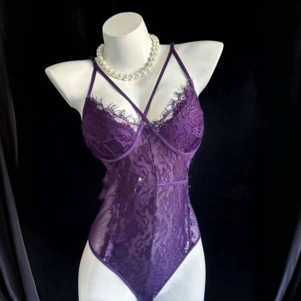 Plus Size Lace Lingerie Set for Curvy Women - Purple Midnight Sexy Thin Bra & Panty Set - purple bodysuit