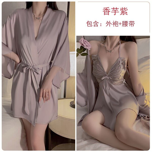Butterfly Lace Sleeveless Ice Silk Sleep Dress Set – Sheer Back, Bow Detail, Spring Romantic Lingerie - Purple robe