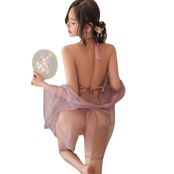 Purple sheer open-back sleepwear set featuring delicate floral design, perfect for feminine allure and comfort.