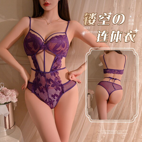 Sexy Lace Bodysuit for Women - Sheer Temptation, Push-Up, Open-Crotch Design, Alluring Lingerie Set - Purple + Purple Stockings