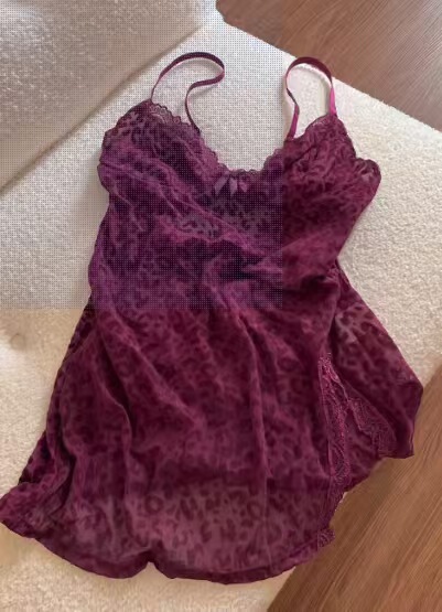 Pink Leopard Lace Sheer Chemise Set with Thong - Sexy Women's Lingerie Sleepwear - Purple-red