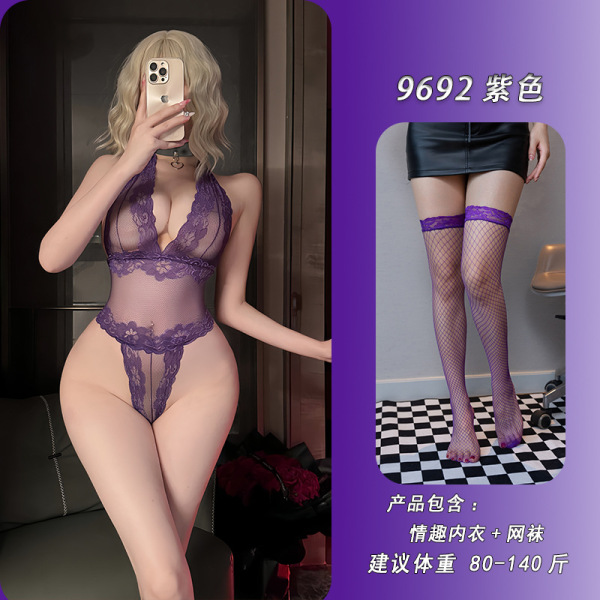 NightSigh NightSere Sexy Transparent Lace Bodysuit -Europe and America-Inspired Erotic Outfit for Women - Purple + matching fishnet stockings
