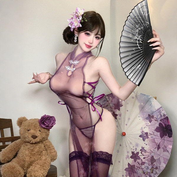 A woman poses elegantly in a purple sensual lingerie set featuring a modest-chic split qipao design with sheer mesh and ties,...