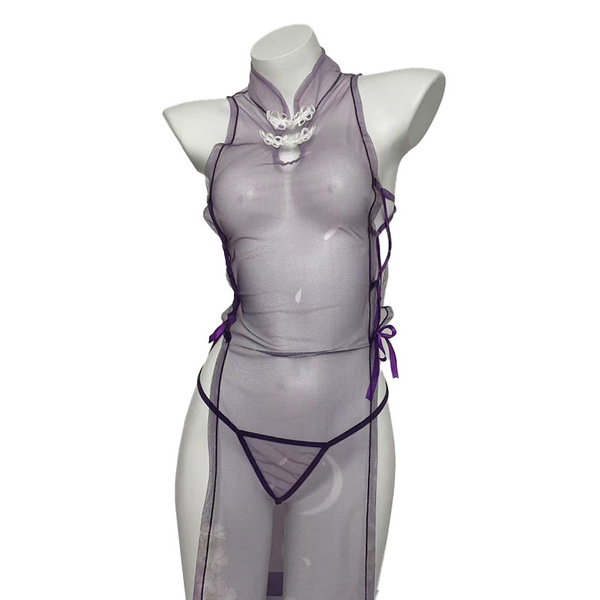 Purple sensual lingerie set featuring a modest-chic split qipao design with sheer mesh and ties, no-remove style.