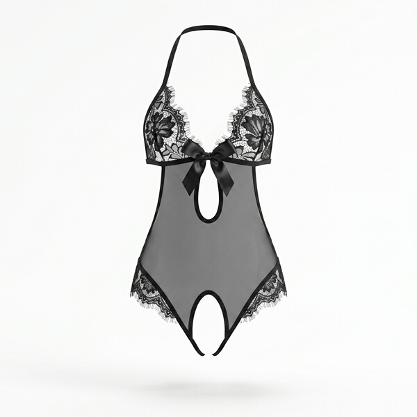 Black lace lingerie bodysuit with floral details, bow accent, and open-crotch design for sensual nightwear.