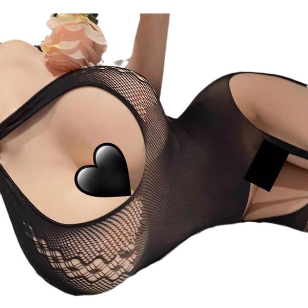 Black lace open-crotch stockings with heart design, perfect for womens lingerie sets, ideal for bedwear and plus-size comfort...