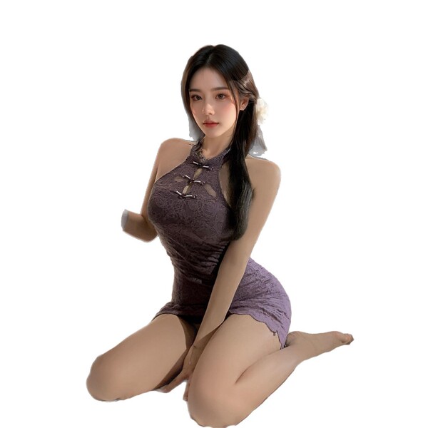 A woman poses in a purple sheer chinese-inspired lingerie set, featuring a sensual modern qipao design, wearable and stylish.