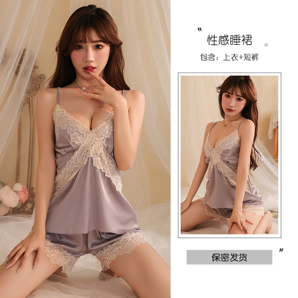 Silky Satin Sexy Lingerie Set - Summer Lace Slip Dress & Pure-Elegance Matching Underwear - Dark purple top + shorts