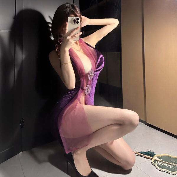 A woman poses with a smartphone, wearing a purple silk-look sensual hanfu lingerie set. the outfit features a push-up bra and...