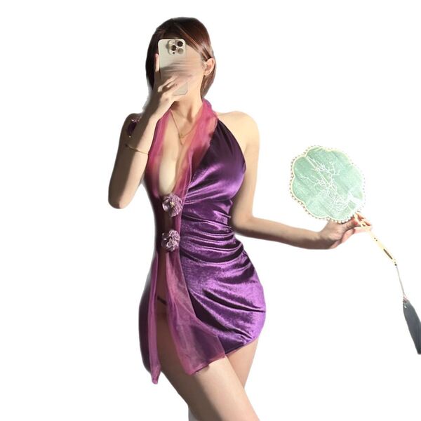 A woman poses with a mirror, wearing a purple silk-look sensual hanfu lingerie set. the outfit features a deep v-neckline and...