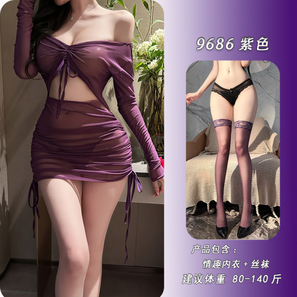 Night Silk Sensual Sheer Bodycon Dress - Sexy Lingerie Set with Seductive Nightwear Style - Purple + matching stockings