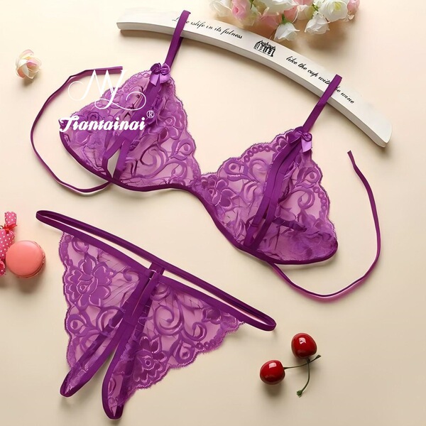 Sexy Lace Transparent Bikini Set for Women – Premium Seductive Lingerie Ensemble with Sheer Mesh & Elegant Trim - Purple + Purple Fishnet Stockings