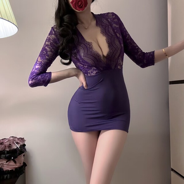 Pure & Playful Lingerie Set - Seductive Secretary-Style Sleepwear, No-Remove Naughty Costume for Women - Purple + Purple Stockings
