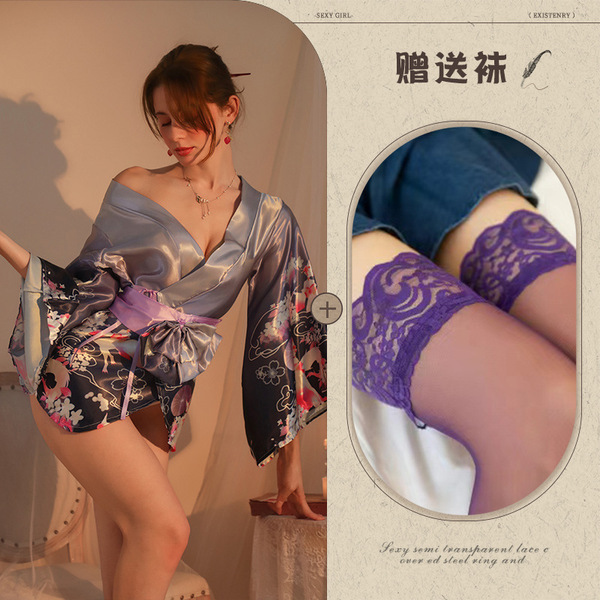 Qing Ran Purple Lace Robe Sleep Dress - Japanese Kimono Style Sensual Lounge Wear with Waist Tie - Purple + Purple Stockings
