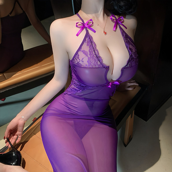Sexy Lace Sheer Slip Dress - Provocative Mesh Bodycon Nightclub Outfit for Women - Purple + Purple Stockings