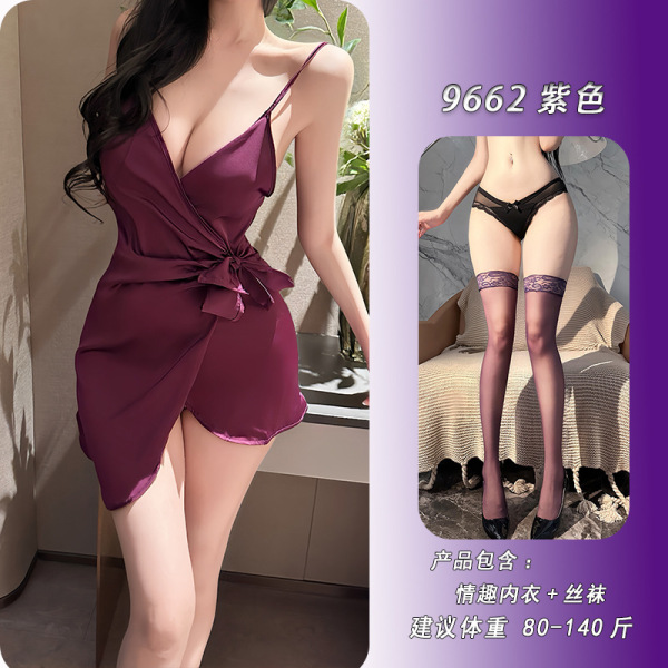 Feiniao Moonlit Lingerie Set - Sensual Waist-Cinching Sheer Deep V-Neck Tie-Detail Sleep Dress - Purple + matching stockings