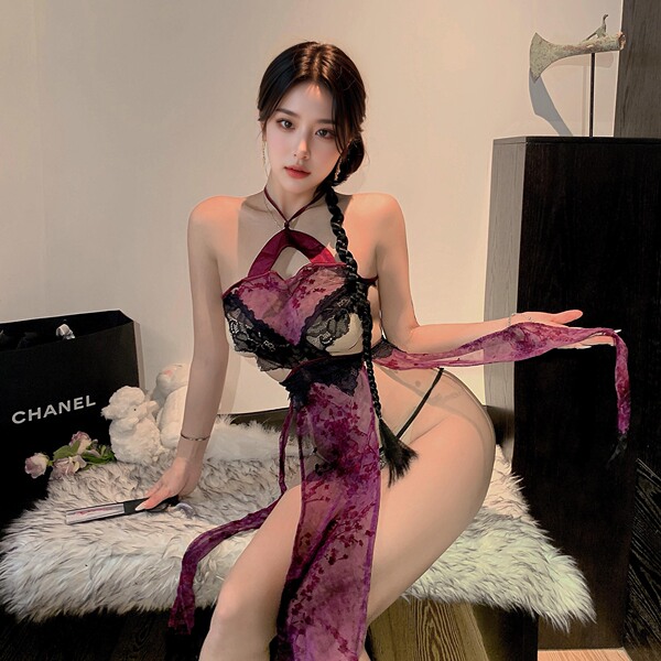 Purple High-Slit Cheongsam Lingerie Set – Sheer Seductive Sleepwear, Sensual Bedroom Outfit with Alluring Cutouts - Purple [skirt + T-shirt]