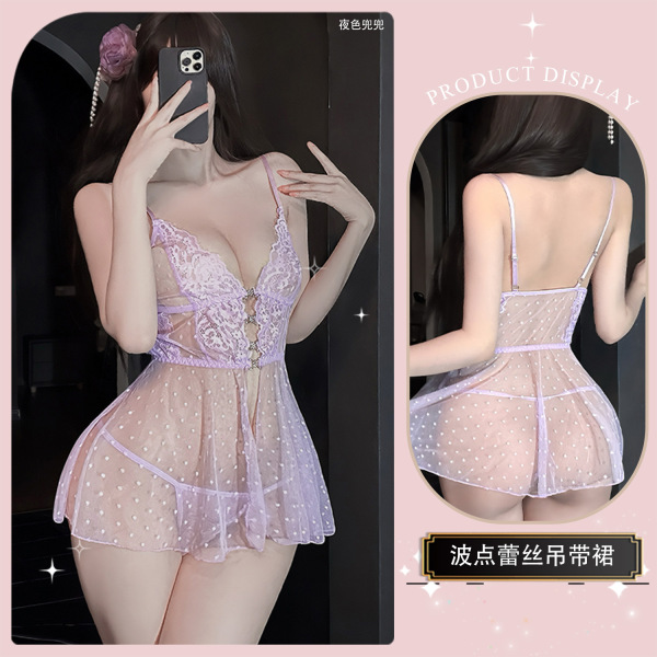 Chao Mu Lace Lingerie Set - Pure & Tempting Sheer Mesh Sleep Dress for Women, Small Bust Friendly - Purple nightgown + white bodysuit