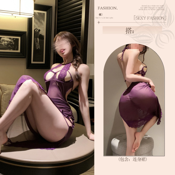 Pure & Playful Lingerie Set - Seductive Sheer Sleepwear with Open-Crotch Skirt for Intimate Moments - Purple nightgown [with underwire]