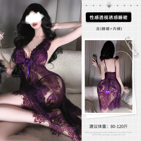 QQNY Plus Size Lace Sleep Dress - Sexy Sheer Bedroom Lingerie Set, No-Remove Passion Nightwear - Purple nightgown + underwear