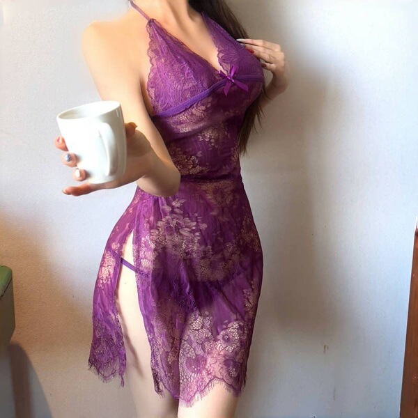 Plus Size Lace Bodysuit for Women - Sexy Sheer Mesh & Cut-Out Sleepwear with Adjustable Ties, Busty Fit Up to 200 lbs - Purple nightgown + T-shirt