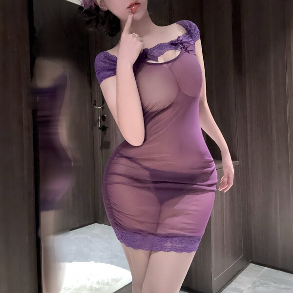Sexy Purple Lace Pencil Skirt Nightgown - Sultry Sheer Sleepwear Set for Women, Plus Size Tempting Lingerie - Purple nightgown + T-shirt