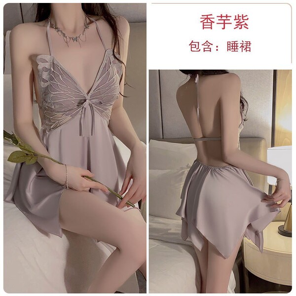Butterfly Lace Sleeveless Ice Silk Sleep Dress Set – Sheer Back, Bow Detail, Spring Romantic Lingerie - Purple single skirt with padding