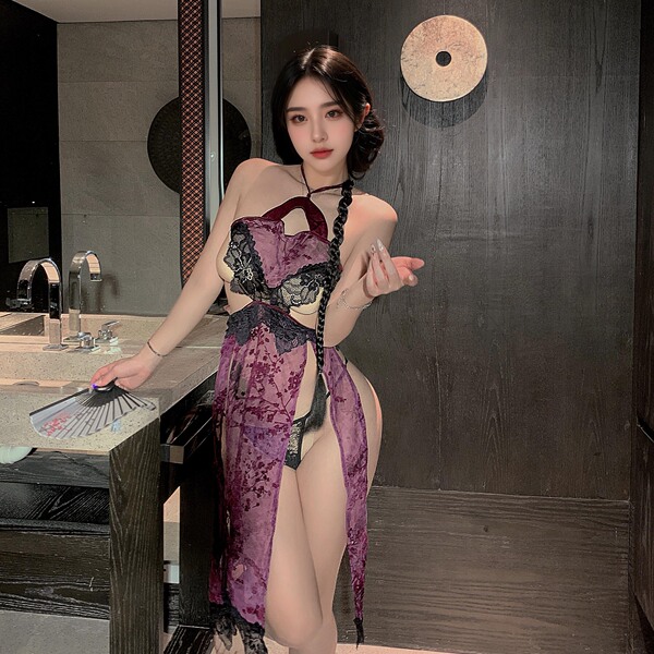 A woman poses elegantly in a luxurious bathroom, wearing a purple high-slit cheongsam lingerie set. the sheer design features...