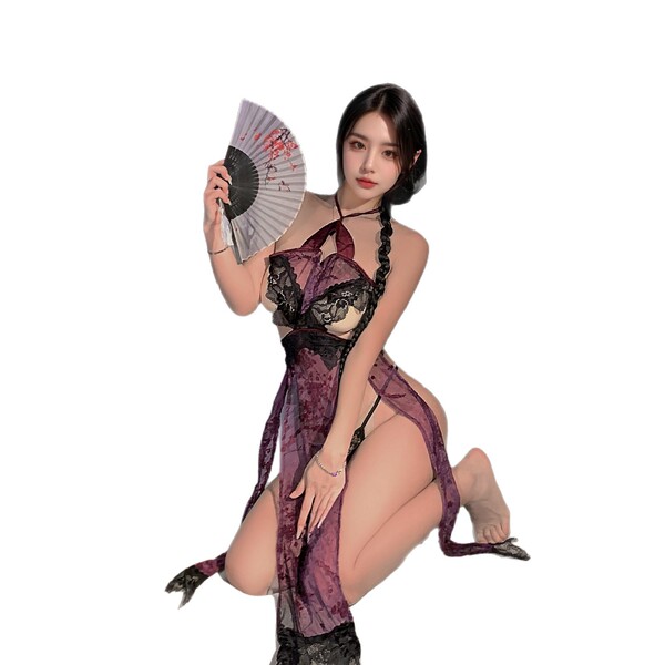 A woman poses elegantly in a purple high-slit cheongsam lingerie set, featuring sheer fabric and intricate lace details. the ...