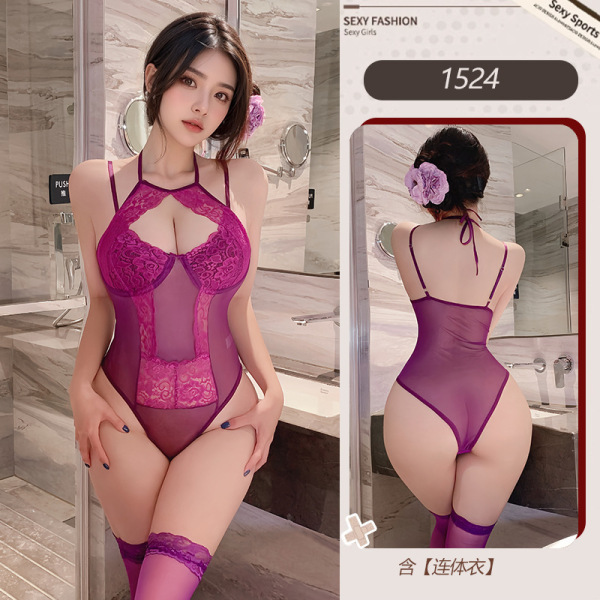 Sexy Lace Bodysuit with Halter Neck – Flirty Plus Size Lingerie for Women, Yoga Pants & Sleepwear Set - Purple [Underwire Bodysuit] without socks