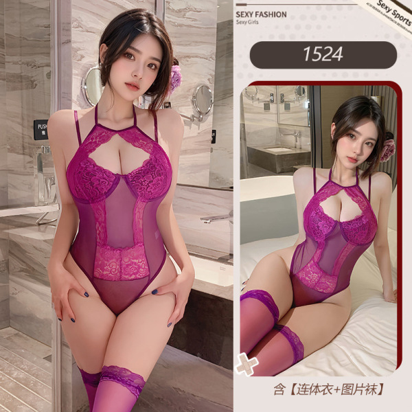 Sexy Lace Bodysuit with Halter Neck – Flirty Plus Size Lingerie for Women, Yoga Pants & Sleepwear Set - Purple [Underwire Bodysuit] + Pictured Stockings