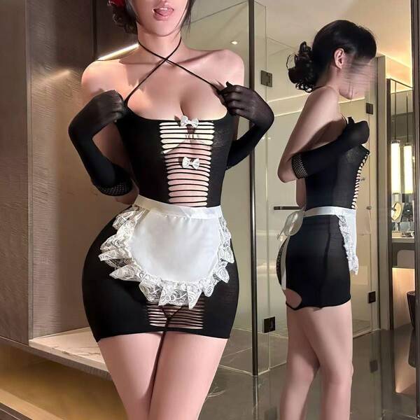 Sexy black sheer maid costume with lace apron, revealing thigh-high mesh lingerie featuring peek-a-boo bust and cheeky cutout...