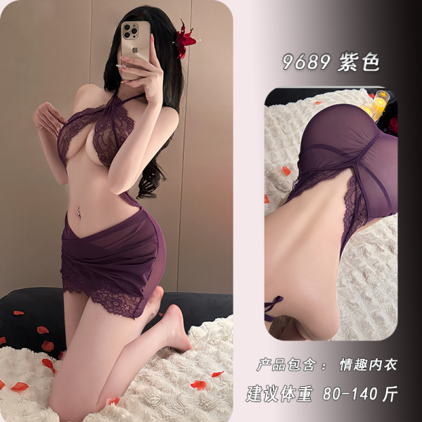 Night Silk Sensual Lace Bodycon Mini Dress - Sheer Mesh Pure Temptation Slip Dress - Purple suit + T-shirt
