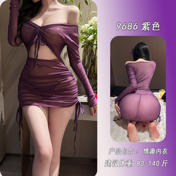 Night Silk Sensual Sheer Bodycon Dress - Sexy Lingerie Set with Seductive Nightwear Style - Purple suit + T-shirt