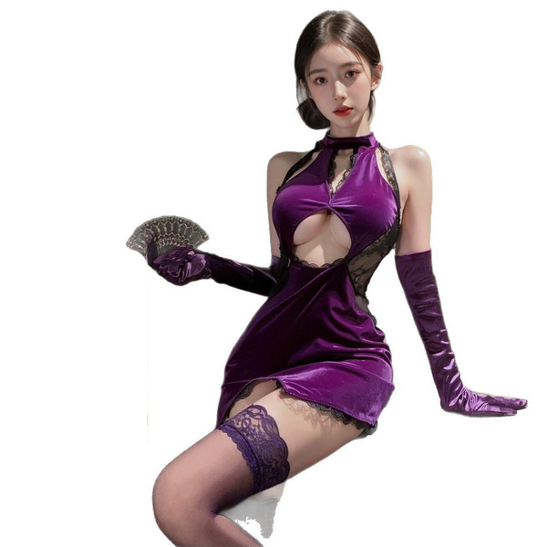Purple velvet lace-up sensual cheongsam nightgown - sexy bedtime & club outfit, no-remove design