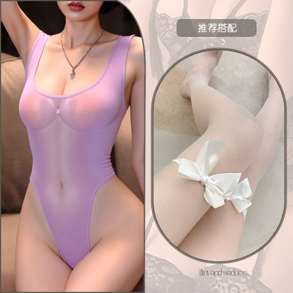 Japanese-Style Sexy Bikini Set - Flirty Open-Crotch Swimwear for Women, Pure Temptation Lingerie - Purple and white bow-tie stockings