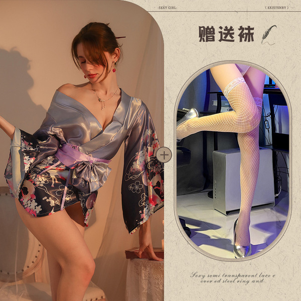 Purple Sensual Lounge Robe & Kimono Sleep Dress – Floral Fox Dream Open-Front Waist-Tied Japanese-Style Nightwear - Purple and white fishnet stockings