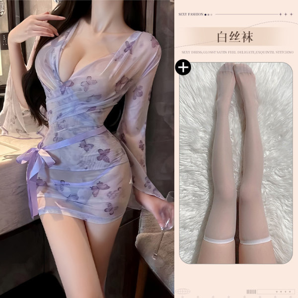 QQNY Pure Allure Sleepwear Set - Elegant Sensual Lingerie for Women, Luxury Bedroom Wear - Purple and white stockings