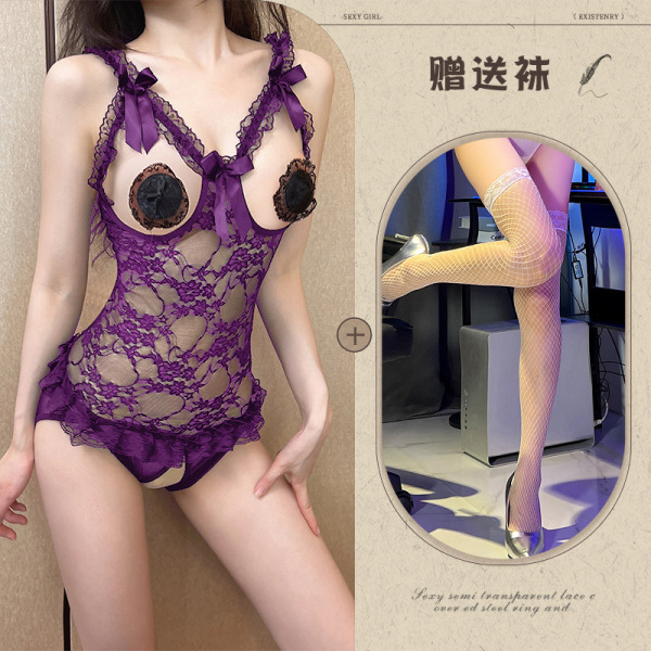 Qingran Sexy Lingerie Set - Elegant 858 Style Romantic Underwear for Women - Purple and white fishnet stockings