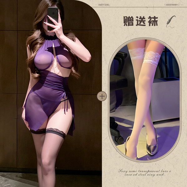 Mannyqing Sexy Lingerie Set - Sheer Split Skirt with Halter Tie & Ruched Bodycon Dress, Pure-Dream Style - Purple and white fishnet stockings