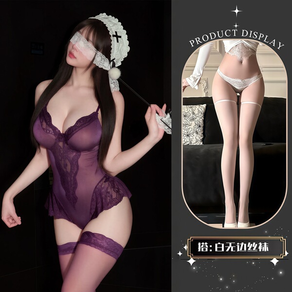 QQNY Pure Allure Sleepwear Set – Elegant Sensual Lingerie for Women, Luxury Bedroom Wear - Purple and white lace stockings