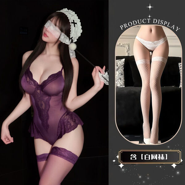 QQNY Pure Allure Sleepwear Set – Elegant Sensual Lingerie for Women, Luxury Bedroom Wear - Purple and white fishnet stockings