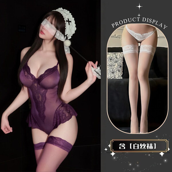 QQNY Pure Allure Sleepwear Set – Elegant Sensual Lingerie for Women, Luxury Bedroom Wear - Purple and white stockings