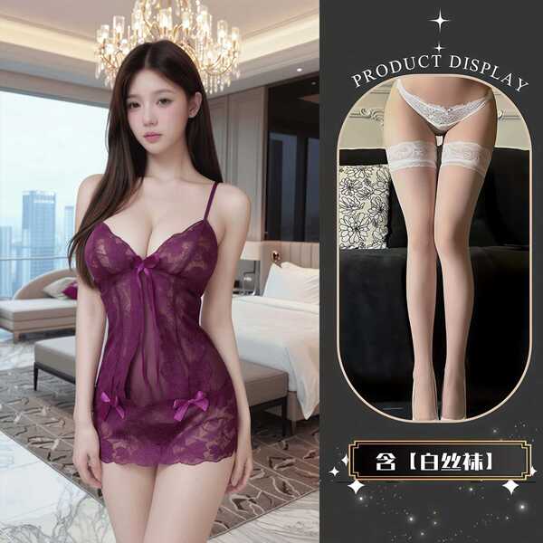QQNY Pure Allure Sleepwear Set – Luxe Sensual Lingerie & Nightwear for Women, Soft Satin Chemise & Matching Briefs - Purple and white stockings